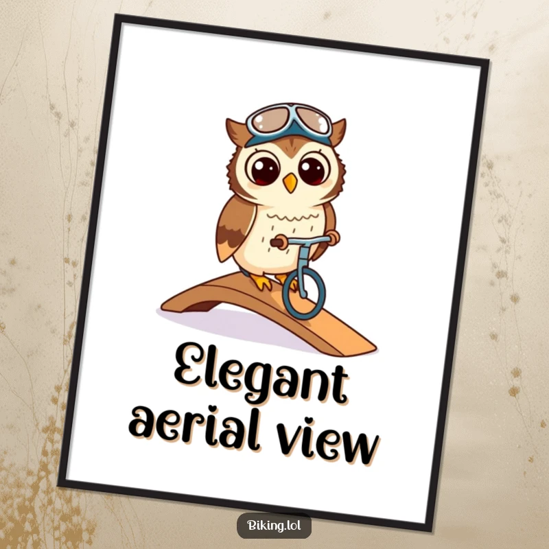 Funny owl wearing a cycling cap, elegantly navigating a ramp on a bike, as a digital art print, full of class.