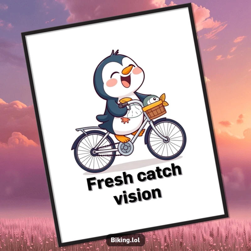 Funny penguin fish digital art print of a laughing bird riding a bicycle, offering instant cheer and humor.