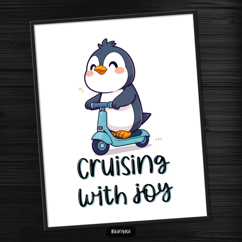 Funny Penguin Digital Art Print: An excited penguin determinedly rides a scooter, representing thrilling speed and joyful adventure.