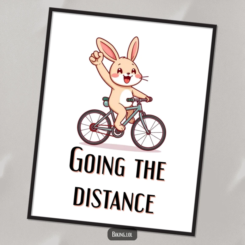 Funny digital art print of a cheerful rabbit enthusiastically cycling uphill, pumping its arm, motivational.
