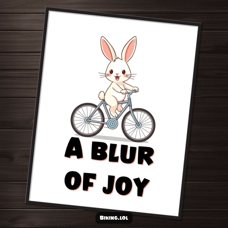 Funny rabbit digital art print of a cheerful rabbit zooming downhill on a bicycle with wind-swept ears, vibrant and humorous.
