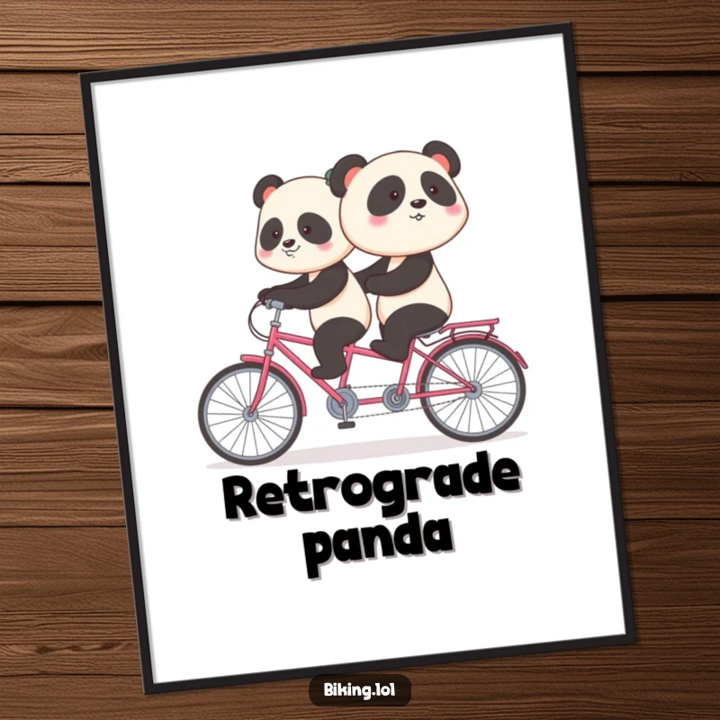 Funny panda digital art print of a shy panda awkwardly pedaling backward on a tandem bike, instant downloadable humor.