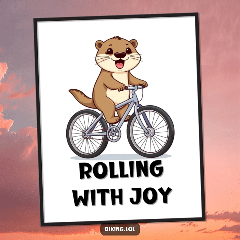 Funny otter art, digital download, happy otter cycling with huge wheels, a humorous and joyful funny gift for instant decor.