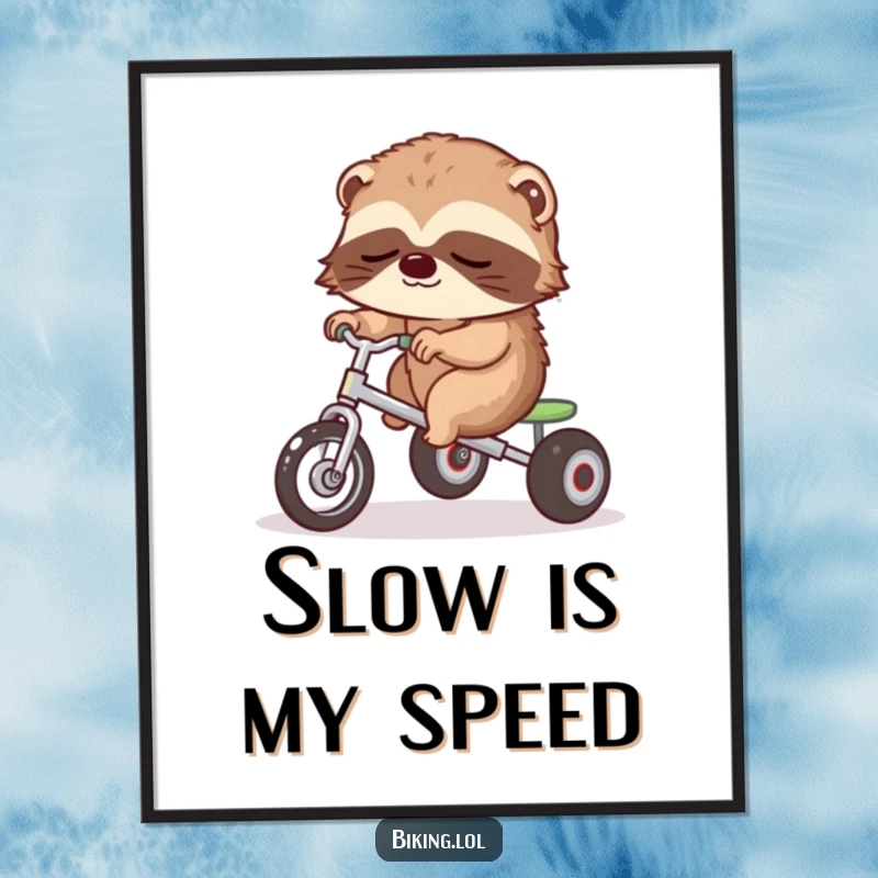 Funny digital art print of a sleepy sloth slowly pedaling a tricycle, printable and calm.