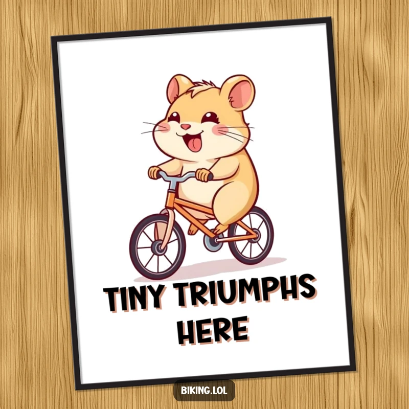 Funny hamster digital art print of a determined hamster pedaling a tiny bicycle uphill with a joyful grin, vibrant and humorous.