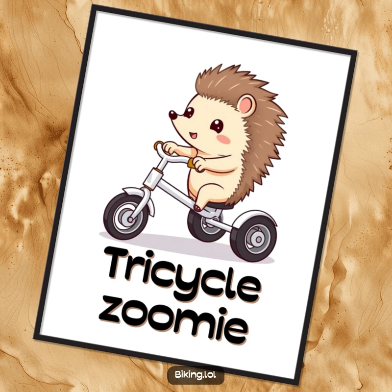 Funny digital art print of a curious hedgehog excitedly pointing ahead while riding a tricycle.