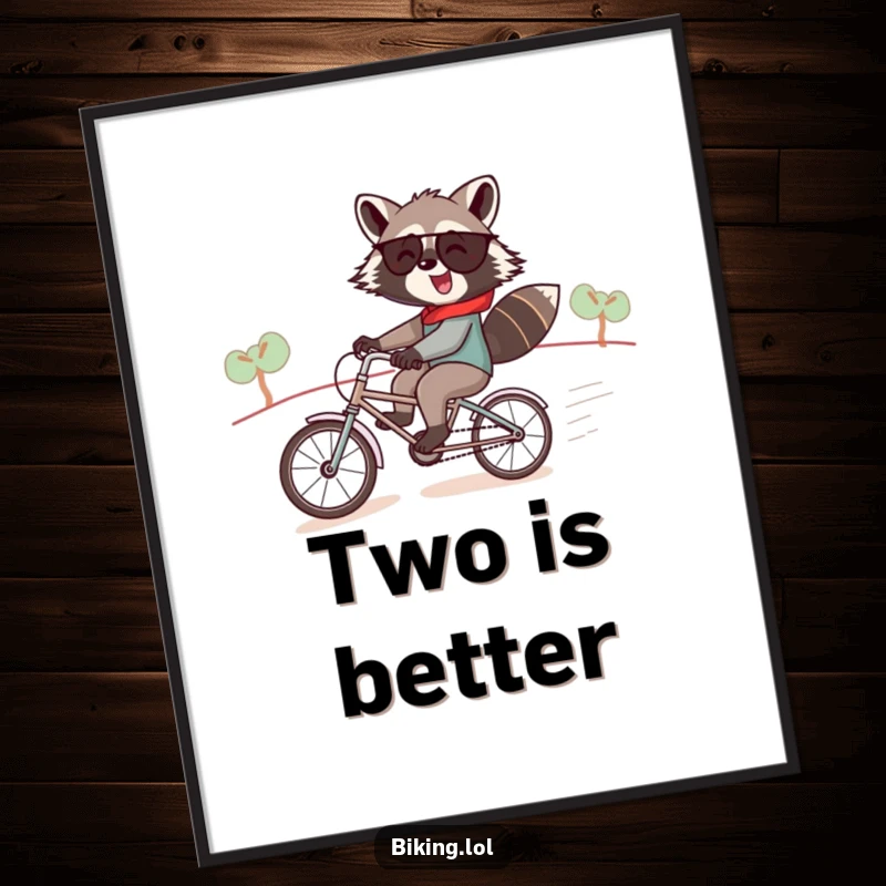 Funny raccoon digital art print, a jolly raccoon speeding downhill on a tiny tandem bike, instant download playful decor.