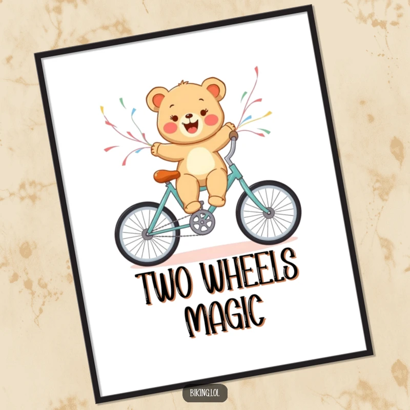 Funny bear cub joyfully riding a bicycle with streamers, a downloadable digital art print for vibrant decor.