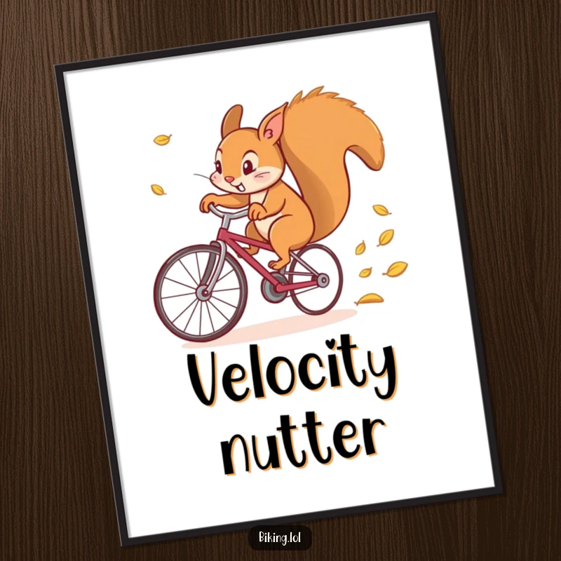 Funny digital art print of a determined squirrel comically riding a bicycle at maximum speed, scattering leaves.