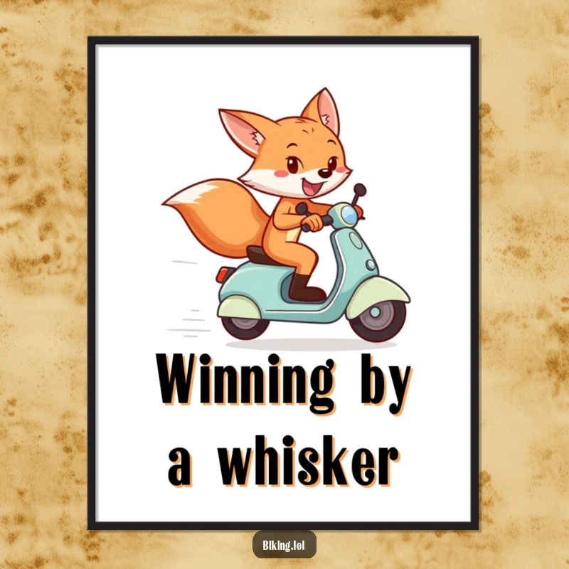 Funny digital art print of a playful fox on a scooter crossing a finish line with a grin.