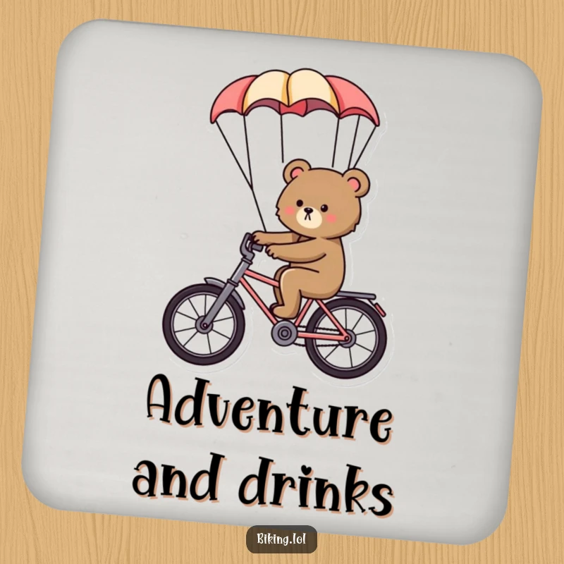 Funny bear drink coaster, a determined bear riding a bike with a parachute, humorous and protective table accessory.