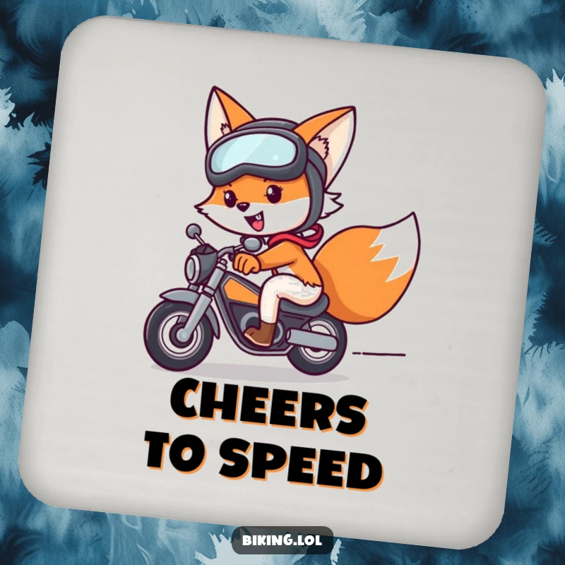 Funny fox coasters featuring a fox on a bike, wearing helmet and goggles, protecting surfaces with humorous style, an ideal funny gift.