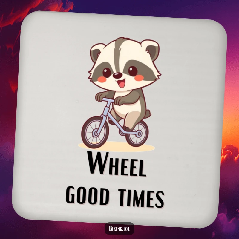 Funny coaster showing a happy badger on a unicycle, waving, a small funny gift.