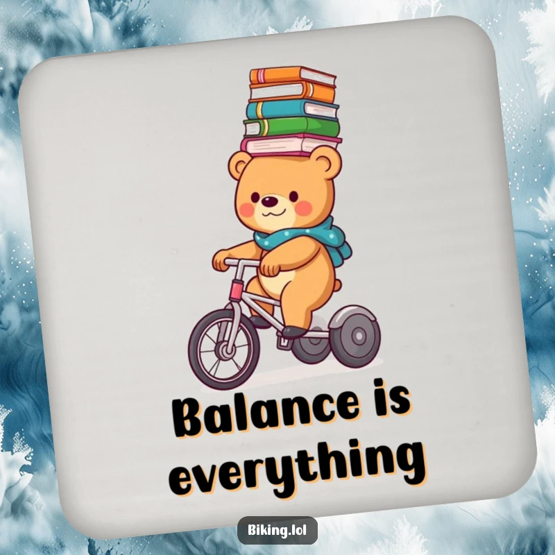 Funny bear balancing books on its head while riding a tricycle, printed on a protective drink coaster.