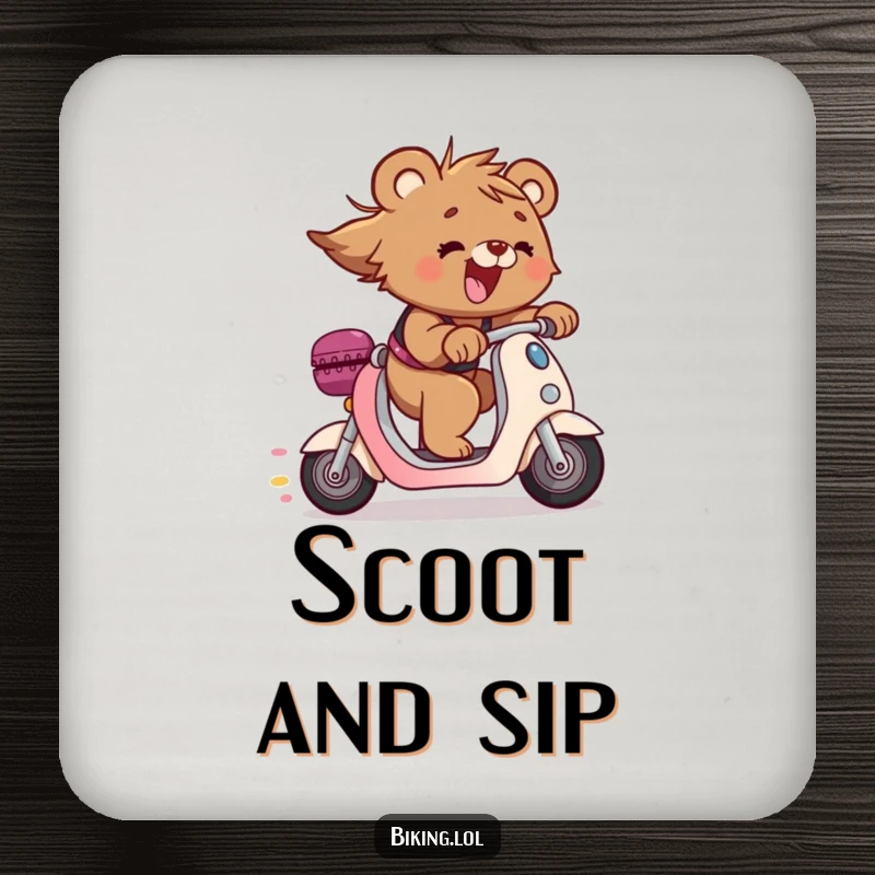 Funny bear cub coasters featuring a cub on a scooter, hair flying, protecting surfaces with humorous style, an ideal funny gift.