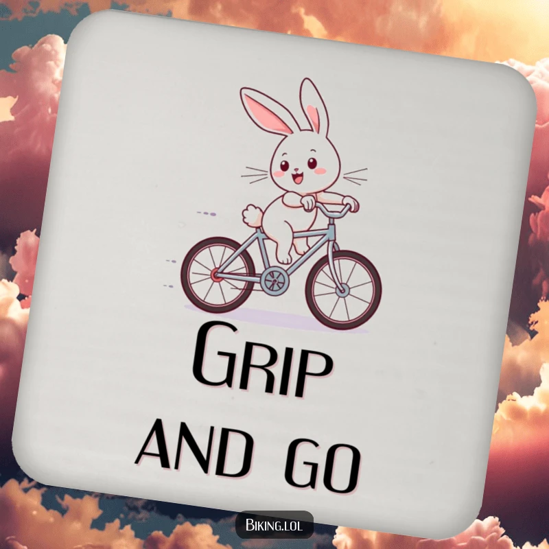 Funny coaster with a joyous bunny on a tiny bicycle, zooming downhill with ears flying, adding humor to your table.