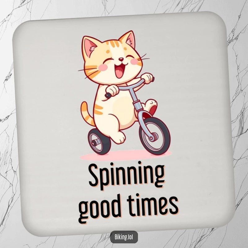 Funny drink coaster with a smiling cat pedaling a unicycle, humorously combining surface protection with a theme of energetic balance.