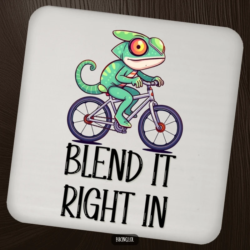 Funny chameleon character changing colors rapidly while riding a fast bicycle, printed on a protective drink coaster.