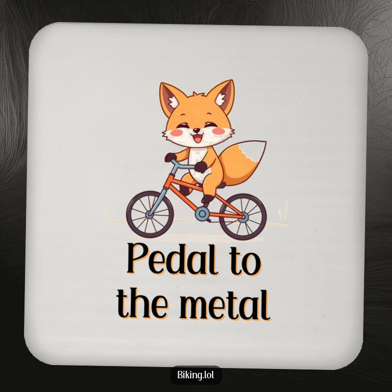 Funny fox bicycle drink coaster, showing the character joyfully riding downhill with paws outstretched, protecting surfaces.