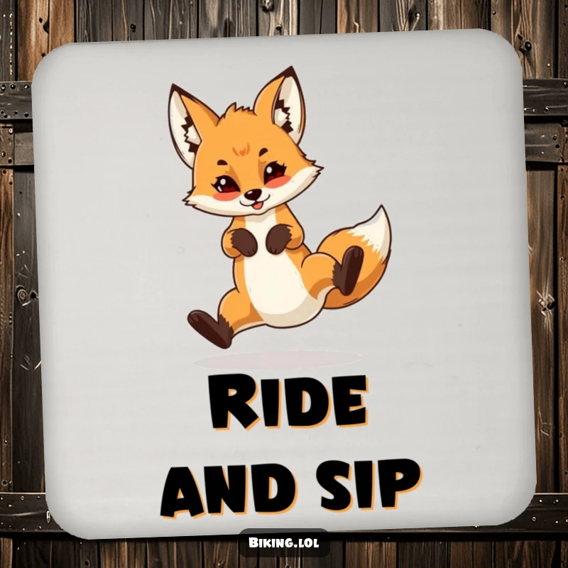 Funny drink coaster showing a confident fox cub performing a wheelie on a bicycle, a humorous addition to any drink setup.