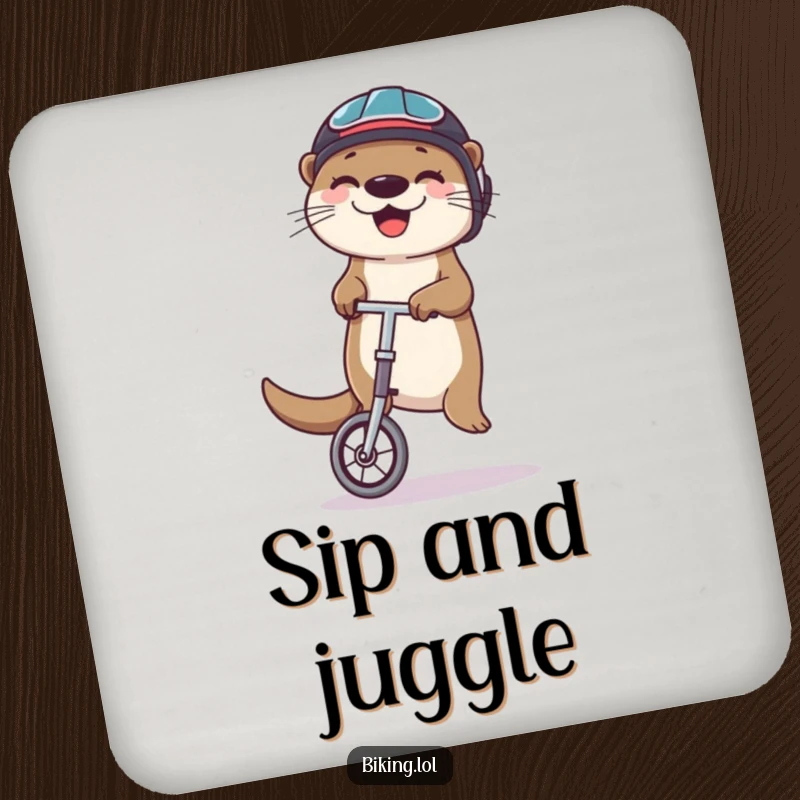 Funny otter coaster featuring a happy otter in a helmet, balancing on a unicycle and juggling, perfect for tabletops.