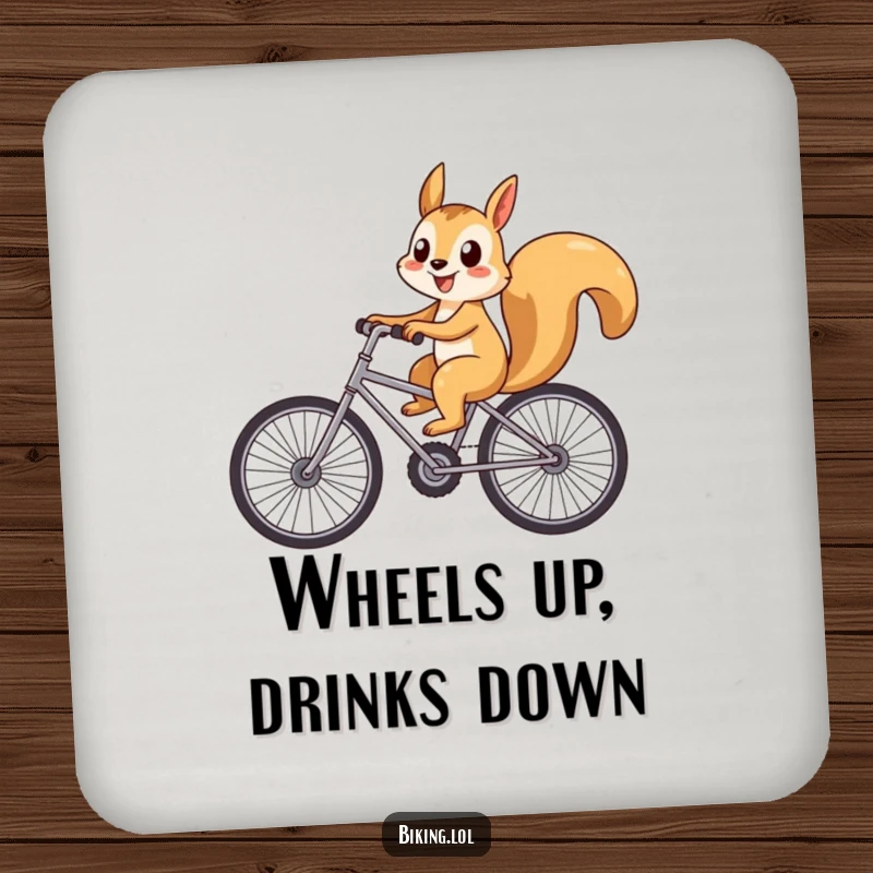 Funny playful squirrel riding a bicycle with oversized wheels on a coaster, protecting surfaces with whimsical humor.