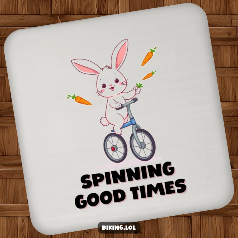 Funny rabbit flawlessly juggling carrots while riding a unicycle, featured on a protective and humorous coaster.