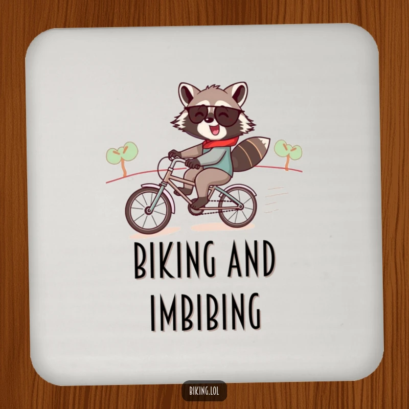 Funny raccoon drink coaster, a jolly raccoon speeding downhill on a tiny tandem bike, humorous and protective.