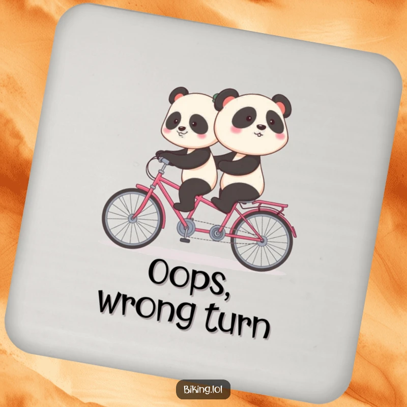Funny panda coaster depicting a shy panda pedaling backward on a tandem bike, protecting surfaces with charming awkwardness.