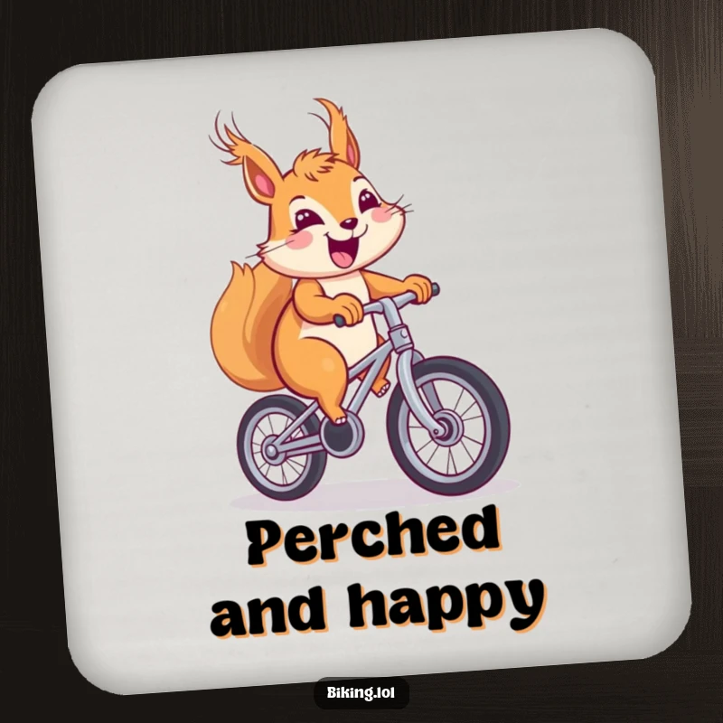 Funny squirrel unicycle drink coaster, cheerful squirrel with windblown fur pedaling with a big smile, protecting surfaces.