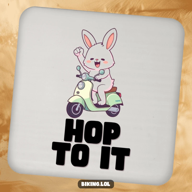 Funny bunny coaster showing an enthusiastic bunny riding a scooter and pumping its fist, a practical and humorous addition to any table.