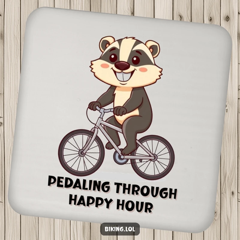 Funny coaster with a determined badger cycling uphill, a huge grin, protecting surfaces.