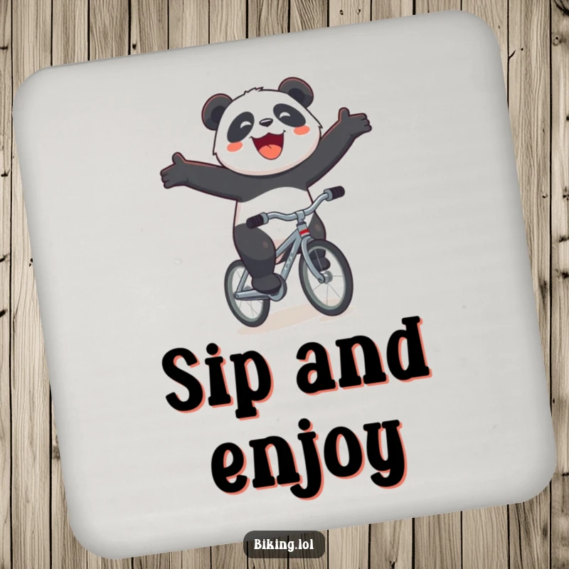 Funny panda bicycle drink coaster, a joyous panda riding a tiny bicycle downhill with arms outstretched and a big smile, protecting furniture.