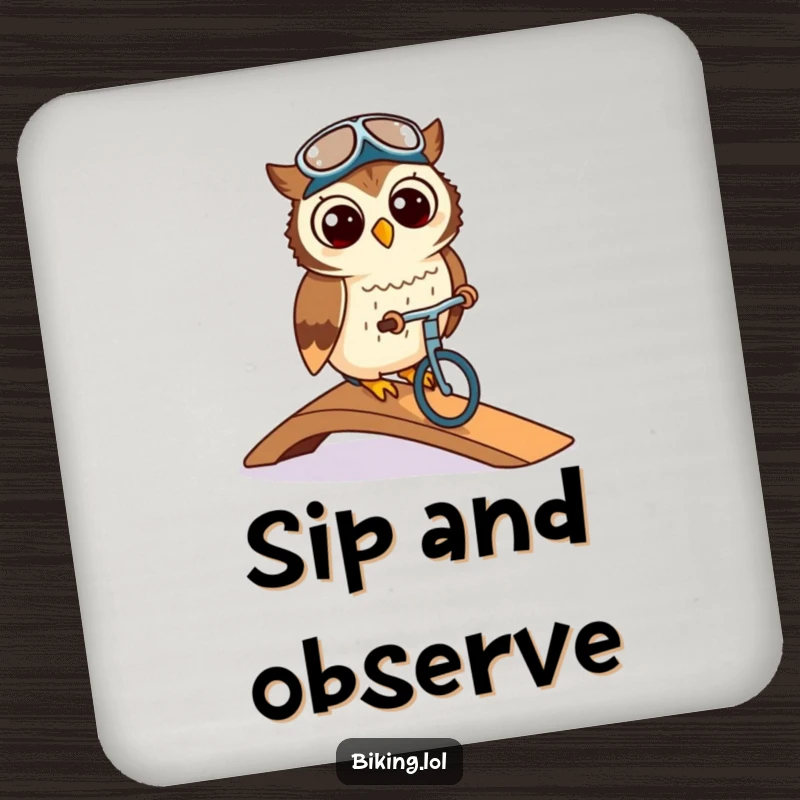 Funny owl wearing a cycling cap, navigating a ramp on a bike, on a drink coaster, protecting surfaces.