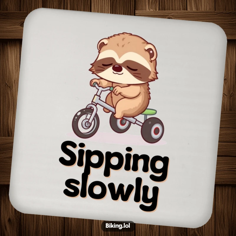 Funny coaster with a sleepy sloth slowly riding a tricycle, protecting furniture.