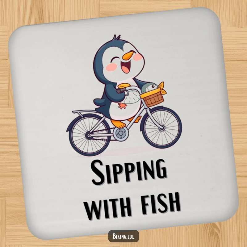 Funny penguin fish coasters, a laughing bird riding a bike with a fish, a humorous set for drink protection.