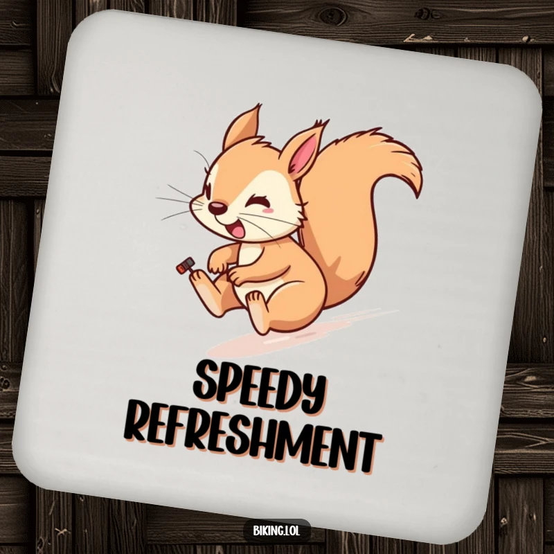 Funny coaster with a playful squirrel zipping downhill on a bike, wind blowing, protecting surfaces.