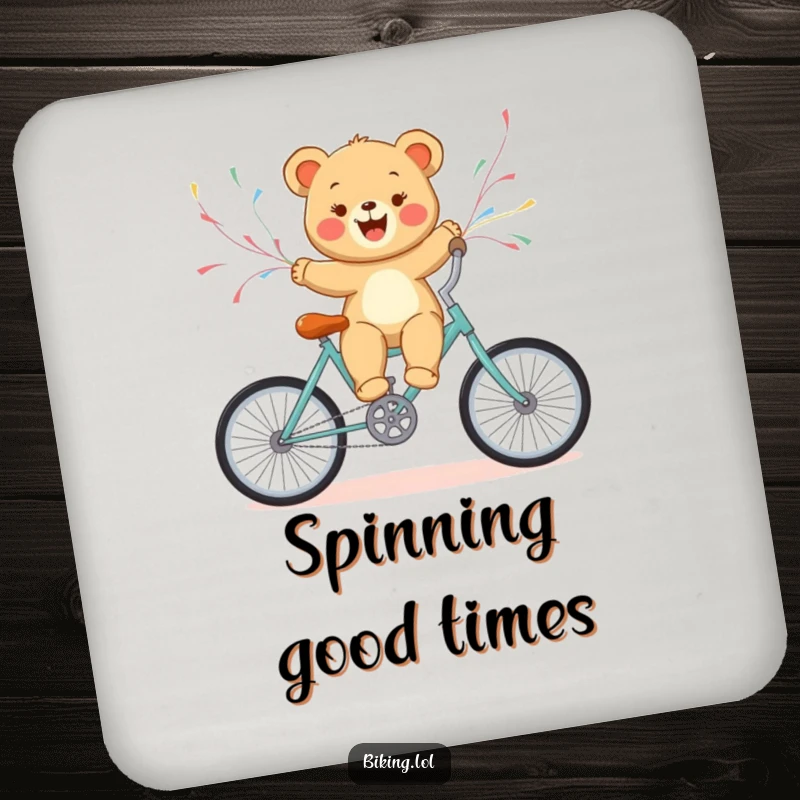 Funny bear cub on a bicycle with streamers, a decorative and protective drink coaster.