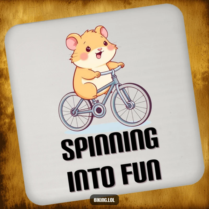 Funny Hamster Power Drink Coaster, a smiling hamster, pedaling a bicycle, protecting surfaces with humor, a great funny gift.