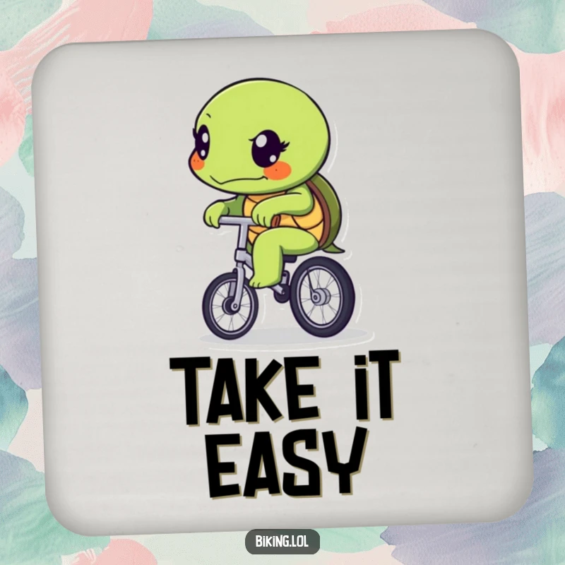 Funny determined turtle character slowly pedaling a unicycle, printed on a protective drink coaster.