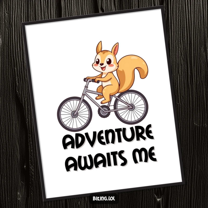 Funny playful squirrel riding a bicycle with large wheels and a big smile, a humorous poster for cheerful decor.