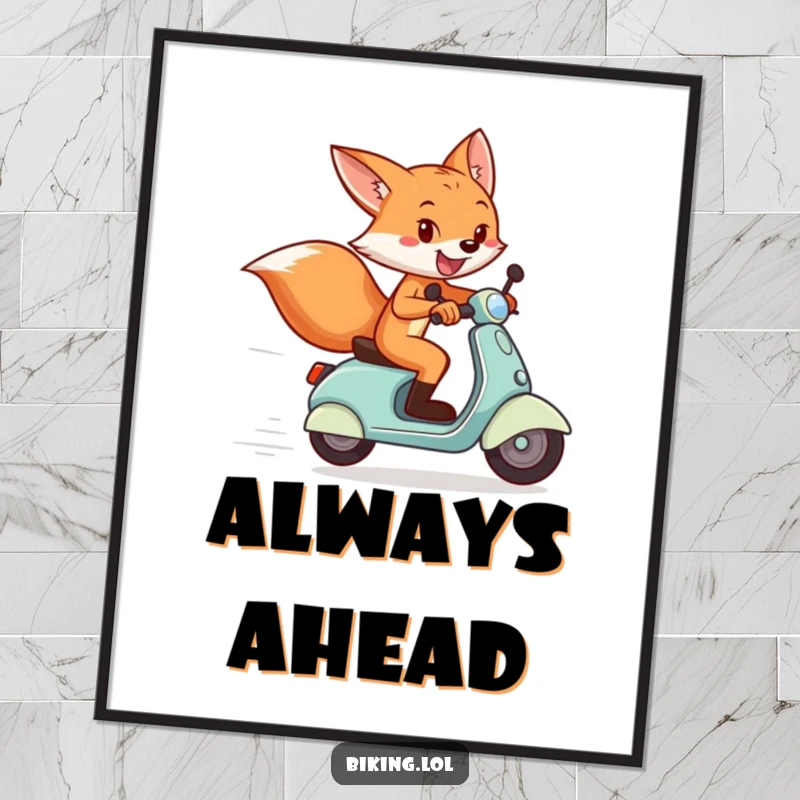 Funny poster of a playful fox zooming past a finish line on a scooter, grinning with excitement.