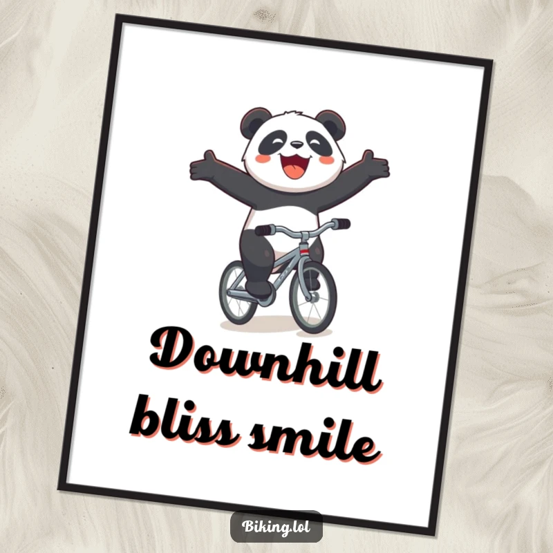 Funny panda bicycle poster, a joyful panda with arms spread wide, riding a small bicycle downhill with a massive smile, decorative art.