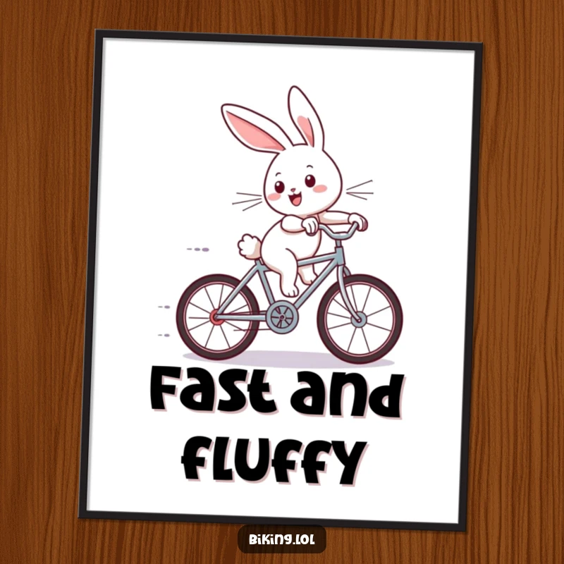 Funny poster illustration of a joyous bunny riding a tiny bicycle downhill with wind whipping through its ears, celebrating freedom.