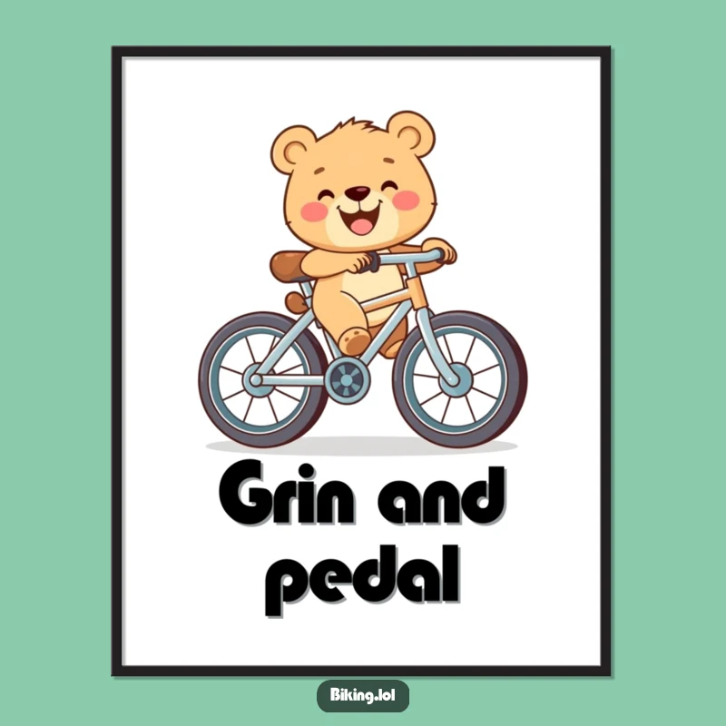 Funny Bear Cub Bicycle Poster: Grinning Rider Art - Whimsical Funny Gift Decor