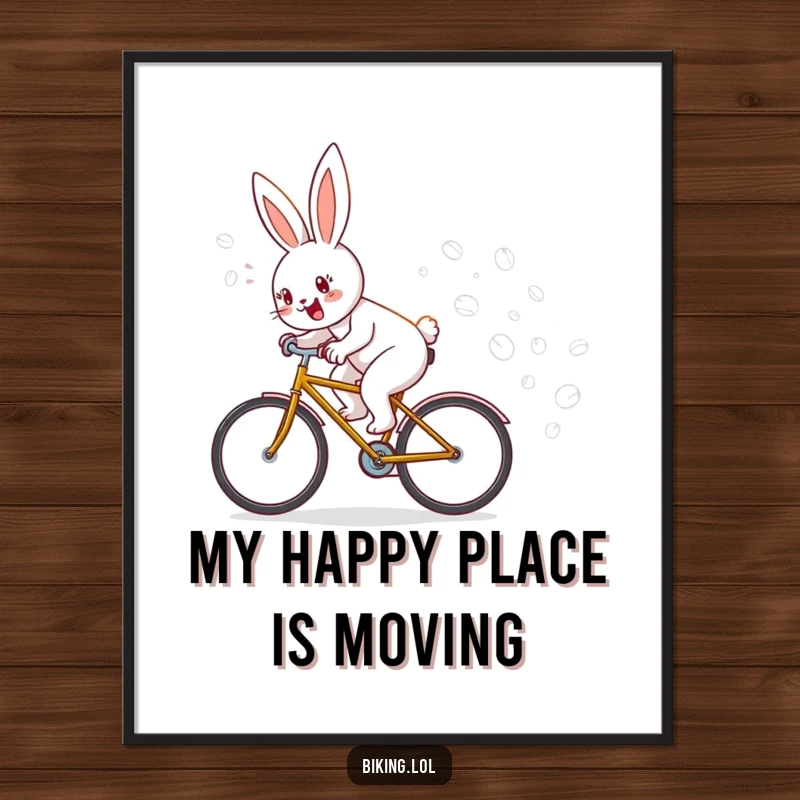 Funny poster depicting a happy bunny cycling, leaving a sparkling trail of bubbles, adding a whimsical touch to any wall art, funny gift.