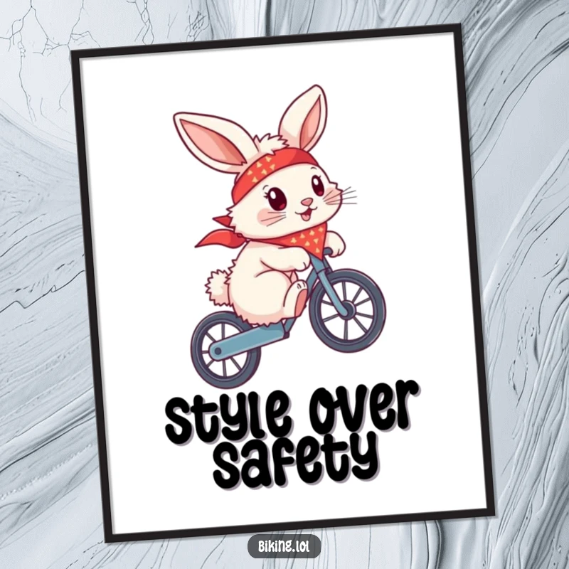 Funny bunny with a bandana flying, performing a wheelie on a bicycle, displayed as a wall art poster, full of action.