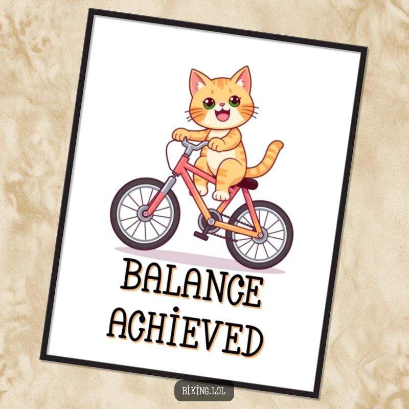 Funny cat poster showcasing a confident feline performing a wheelie on a vibrant bicycle, a cool and humorous artwork.