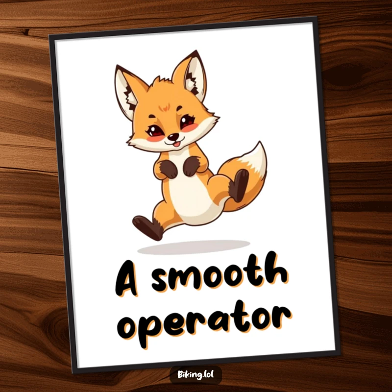 Funny poster of a confident fox cub executing a dynamic wheelie on a bike, showcasing daring skill and playful enthusiasm.