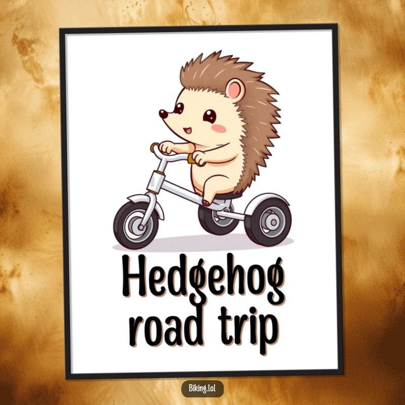 Funny poster art of a curious hedgehog excitedly pointing ahead while riding a tricycle.